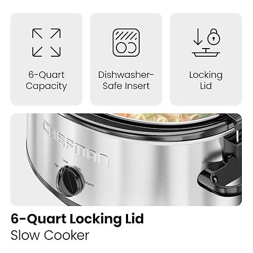  Chefman 6 Quart Slow Cooker with Locking Lid, Ceramic Crock with Portable Cook and Carry Travel Latching Lock, Large Easy Clean Dishwasher Safe Pot Insert, Manual 3 Heat Settings, Stainless Steel