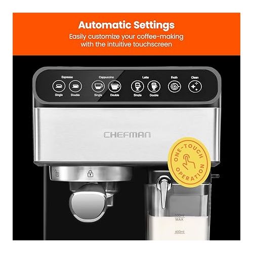  Chefman 6-in-1 Espresso Machine with Built-In Milk Frother, 15-BAR Pump, Digital Display, One-Touch Single or Double Shot for Cappuccinos and Lattes, XL 1.8-L Water Reservoir, Stainless Steel