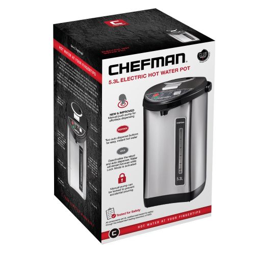  Chefman Instant Electric Hot Water Pot, Safety Lock to Prevent Spillage, Auto & Manual Dispense Buttons, Auto Shutoff, Easy View Water Level, 360° Rotating Base, UL Certified, Stainless St