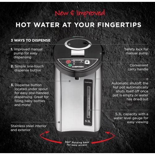  Chefman Instant Electric Hot Water Pot, Safety Lock to Prevent Spillage, Auto & Manual Dispense Buttons, Auto Shutoff, Easy View Water Level, 360° Rotating Base, UL Certified, Stainless St
