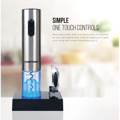  Chefman Electric Wine Opener with Foil Cutter, Automatic Corkscrew and Foil Remover, One Touch Wine Bottle Opener with Rechargeable Battery and Charging Stand, Stainless Steel 110/