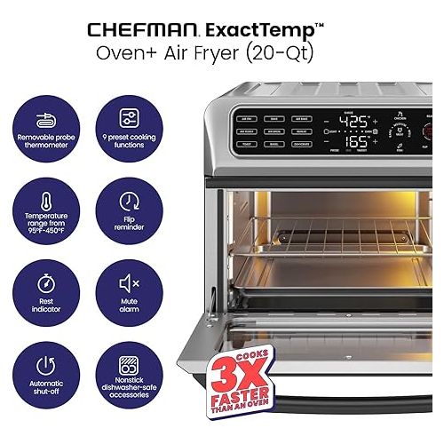  Chefman Air Fryer Toaster Oven Combo with Probe Thermometer, 12-In-1 Stainless Steel Convection Countertop, 10 Inch Pizza, 4 Slices of Toast, Cooking, Baking, Toasting, Roaster Oven Airfryer 20QT