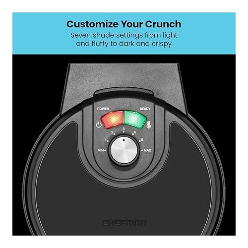  Chefman Anti-Overflow Waffle Maker, Belgian Waffle Iron with Seven Crunch Selector Settings, Mess-Free Moat Catches Excess Batter, Nonstick Electric Single Griddle Mold Makes 6-Inch Round Waffles