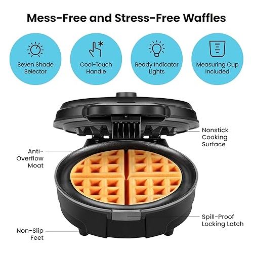  Chefman Anti-Overflow Waffle Maker, Belgian Waffle Iron with Seven Crunch Selector Settings, Mess-Free Moat Catches Excess Batter, Nonstick Electric Single Griddle Mold Makes 6-Inch Round Waffles