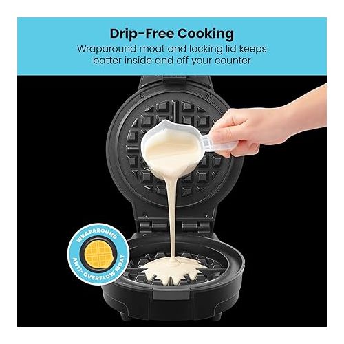  Chefman Anti-Overflow Waffle Maker, Belgian Waffle Iron with Seven Crunch Selector Settings, Mess-Free Moat Catches Excess Batter, Nonstick Electric Single Griddle Mold Makes 6-Inch Round Waffles