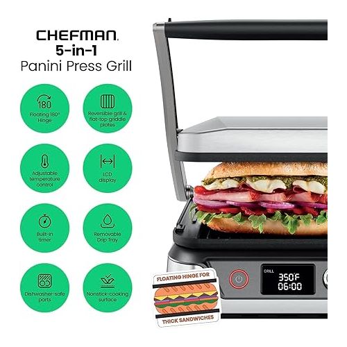  Chefman 5-in-1 Digital Panini Press Grill Sandwich Maker and Griddle Grill Combo with Removable, Reversible Dishwasher-Safe Grilling Plates, Opens 180° for Indoor BBQ /Flat Top Grill, Stainless steel