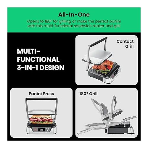  Chefman 5-in-1 Digital Panini Press Grill Sandwich Maker and Griddle Grill Combo with Removable, Reversible Dishwasher-Safe Grilling Plates, Opens 180° for Indoor BBQ /Flat Top Grill, Stainless steel