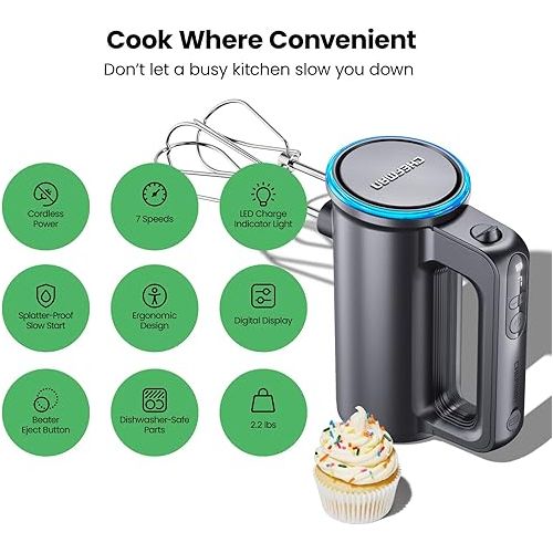  Chefman Cordless Hand Mixer, 7 Speed Electric Handheld Kitchen Food Mixer, Easily Whisk Eggs, Whip Cream, or Mix Cookie Dough, Digital Display, Dishwasher Safe Parts, and LED Charge Indicator Light
