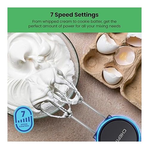  Chefman Cordless Hand Mixer, 7 Speed Electric Handheld Kitchen Food Mixer, Easily Whisk Eggs, Whip Cream, or Mix Cookie Dough, Digital Display, Dishwasher Safe Parts, and LED Charge Indicator Light