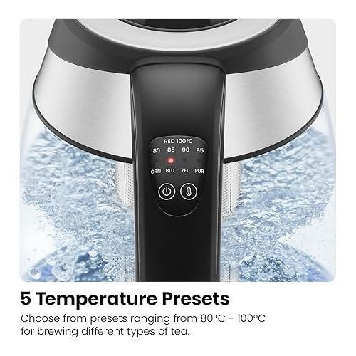  Chefman Electric Kettle with Temperature Control, 5 Presets LED Indicator Lights, Removable Tea Infuser, Glass Tea Kettle & Hot Water Boiler, 360° Swivel Base, BPA Free, Stainless Steel, 1.8 Liters