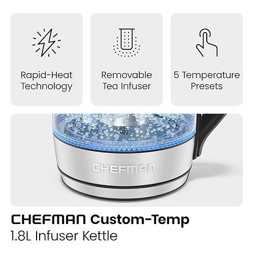  Chefman Electric Kettle with Temperature Control, 5 Presets LED Indicator Lights, Removable Tea Infuser, Glass Tea Kettle & Hot Water Boiler, 360° Swivel Base, BPA Free, Stainless Steel, 1.8 Liters