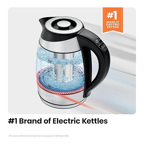  Chefman Electric Kettle with Temperature Control, 5 Presets LED Indicator Lights, Removable Tea Infuser, Glass Tea Kettle & Hot Water Boiler, 360° Swivel Base, BPA Free, Stainless Steel, 1.8 Liters