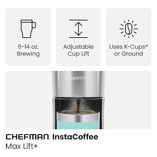  CHEFMAN Single Serve Coffee Maker, K Cup Coffee Machine: Compatible with K-Cup Pods and Ground Coffee, Brew 6 to 14oz Cup Drip Coffee Maker, Cup Lift, Filter Included