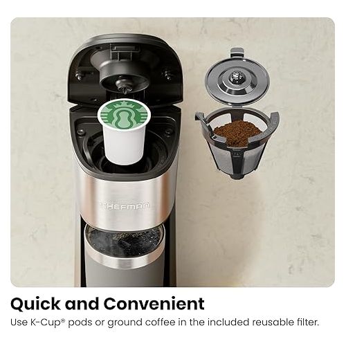 CHEFMAN Single Serve Coffee Maker, K Cup Coffee Machine: Compatible with K-Cup Pods and Ground Coffee, Brew 6 to 14oz Cup Drip Coffee Maker, Cup Lift, Filter Included
