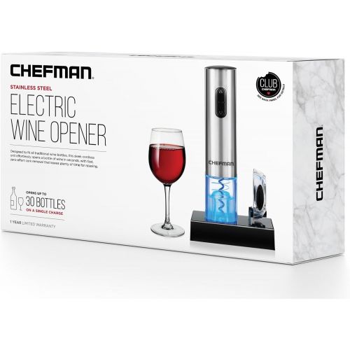  [아마존 핫딜] [아마존핫딜]Chefman Electric Wine Opener with Foil Cutter, Automatic Corkscrew and Foil Remover, One Touch Wine Bottle Opener with Rechargeable Battery and Charging Stand, Stainless Steel 110/