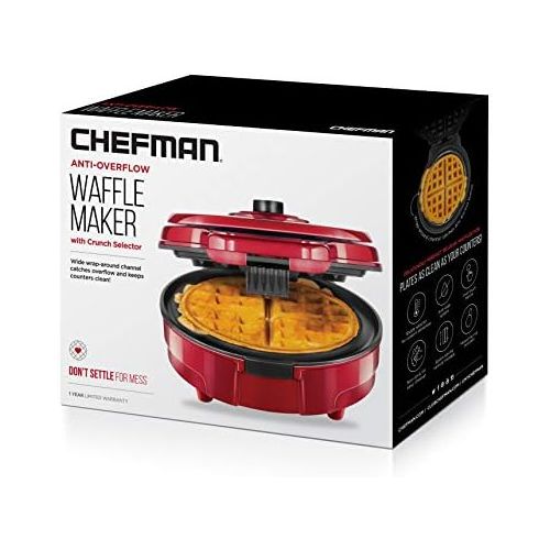  [아마존베스트]Chefman Anti-Overflow Belgian Maker w/Shade Selector & Mess Free Moat Round Waffle-Iron w/Nonstick Plates & Cool Touch Handle, Measuring Cup Included, Red