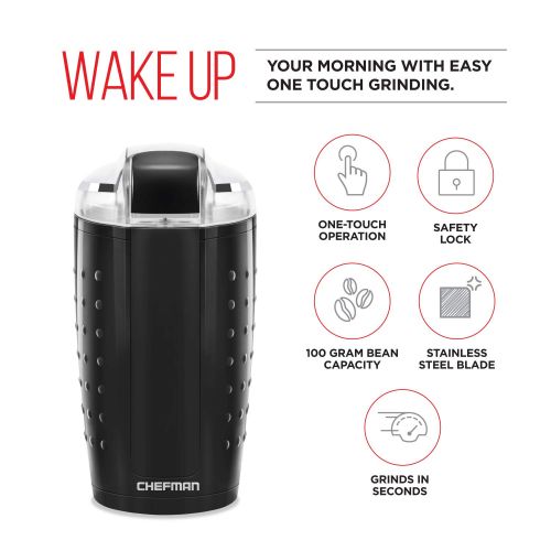  Chefman Electric One-Touch Coffee Grinder for Fresh Coffee Grounds, Durable Stainless Steel Blades, 100 Gram/ 3.5 oz. Bean Capacity, for Up to 12 Cups of Coffee, Powerful 150 Watt,