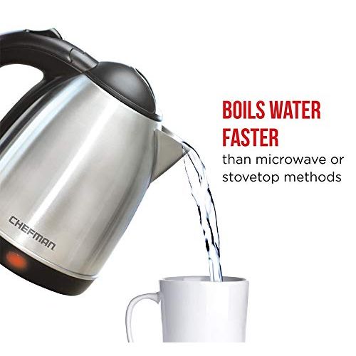  Chefman Stainless Steel Electric Kettle Quickly Heats Water Separates from Base for Cordless Pouring, Auto Shut Off Boil Dry Protection, BPA-Free Interior & Cool-Touch Handle, 1.7