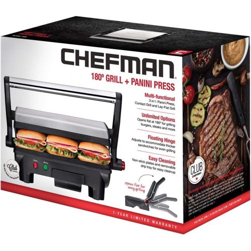  Chefman Electric Panini Press Grill and Gourmet Sandwich Maker w/ Non-Stick Coated Plates, Opens 180 Degrees to Fit Any Type or Size Food, Dishwasher Safe Removable Drip Tray, Stai