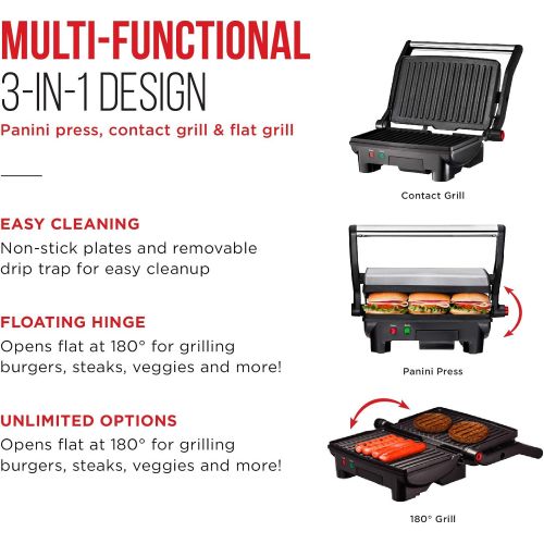 Chefman Electric Panini Press Grill and Gourmet Sandwich Maker w/ Non-Stick Coated Plates, Opens 180 Degrees to Fit Any Type or Size Food, Dishwasher Safe Removable Drip Tray, Stai