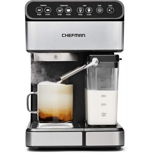  Chefman 6-in-1 Espresso Machine,Powerful 15-Bar Pump,Brew Single or Double Shot, Built-In Milk Froth for Cappuccino & Latte Coffee, XL 1.8 Liter Water Reservoir, Dishwasher-Safe Pa