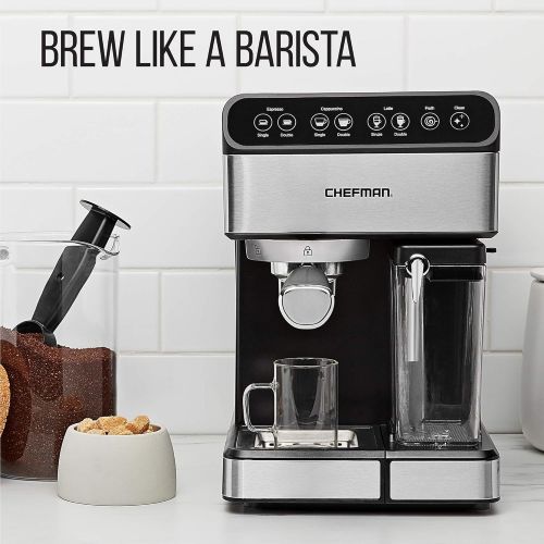  Chefman 6-in-1 Espresso Machine,Powerful 15-Bar Pump,Brew Single or Double Shot, Built-In Milk Froth for Cappuccino & Latte Coffee, XL 1.8 Liter Water Reservoir, Dishwasher-Safe Pa