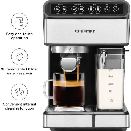  Chefman 6-in-1 Espresso Machine,Powerful 15-Bar Pump,Brew Single or Double Shot, Built-In Milk Froth for Cappuccino & Latte Coffee, XL 1.8 Liter Water Reservoir, Dishwasher-Safe Pa