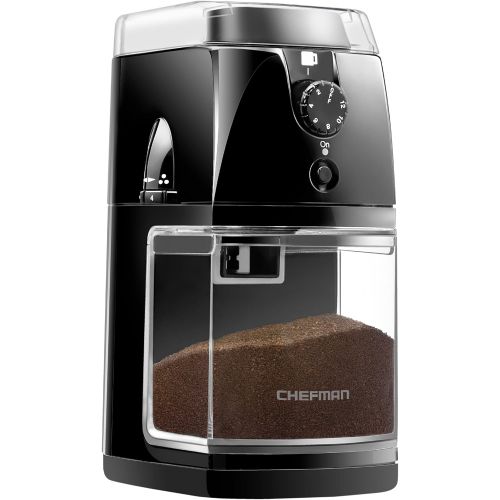  Chefman Coffee Grinder Electric Burr Mill - Freshly Grinds Up to 2.8oz Beans, Large Hopper with 17 Grinding Options for 2-12 Cups, Easy One Touch Operation, Cleaning Brush Included