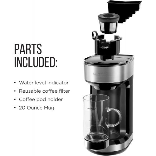  Chefman Froth + Brew Coffee Maker and Milk Frother Single Serve Brewer for K-Cup Pods & Grounds for Latte and Cappuccino Style Drinks, Compact 20 oz. Glass Mug and Reusable Filter