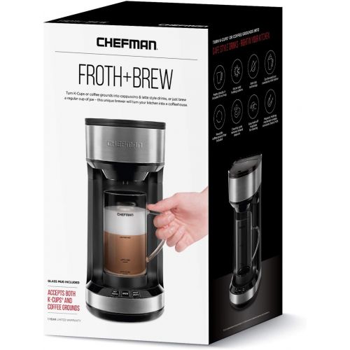  Chefman Froth + Brew Coffee Maker and Milk Frother Single Serve Brewer for K-Cup Pods & Grounds for Latte and Cappuccino Style Drinks, Compact 20 oz. Glass Mug and Reusable Filter