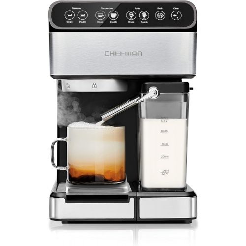  Chefman 6-in-1 Espresso Machine,Powerful 15-Bar Pump,Brew Single or Double Shot, Built-In Milk Froth for Cappuccino & Latte Coffee, XL 1.8 Liter Water Reservoir, Dishwasher-Safe Pa