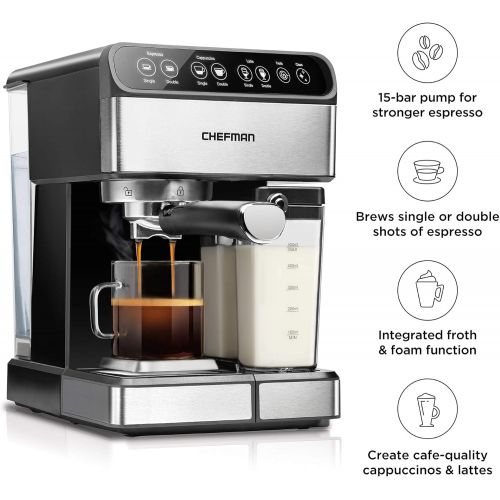  Chefman 6-in-1 Espresso Machine,Powerful 15-Bar Pump,Brew Single or Double Shot, Built-In Milk Froth for Cappuccino & Latte Coffee, XL 1.8 Liter Water Reservoir, Dishwasher-Safe Pa