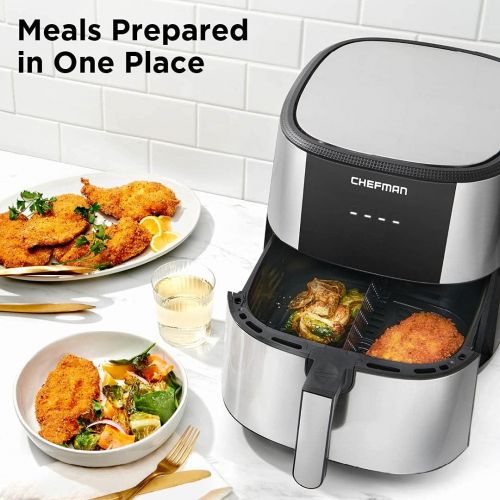  CHEFMAN 2 in 1 Max XL 8 Qt Air Fryer, Healthy Cooking, User Friendly, Basket Divider For Dual Cooking, Nonstick Stainless Steel, Digital Touch Screen with 4 Cooking Functions, BPA-