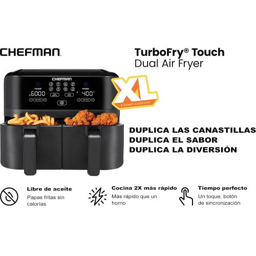  Chefman TurboFry Touch Dual Air Fryer, Maximize The Healthiest Meals With Double Basket Capacity, One-Touch Digital Controls And Shake Reminder For The Perfect Crispy And Low-Calor