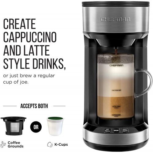  Chefman Froth + Brew Coffee Maker and Milk Frother Single Serve Brewer for K-Cup Pods & Grounds for Latte and Cappuccino Style Drinks, Compact 20 oz. Glass Mug and Reusable Filter