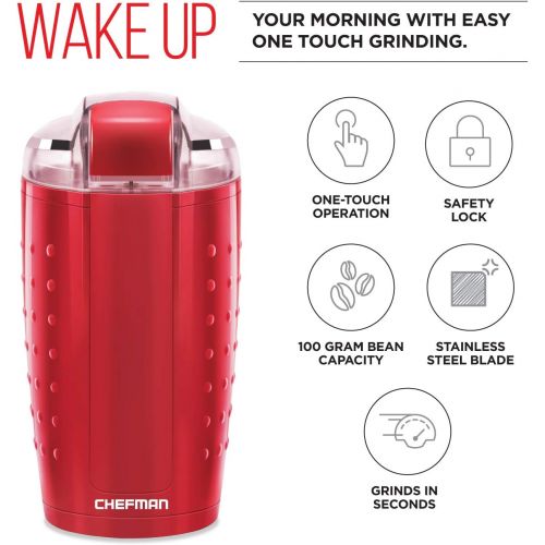  Chefman Electric One-Touch Coffee-Grinder for Fresh Coffee-Grounds, Durable Stainless Steel Blades, 100 Gram/ 3.5 oz. Bean Capacity, for Up to 12 Cups of Coffee, Powerful 150 Watt,