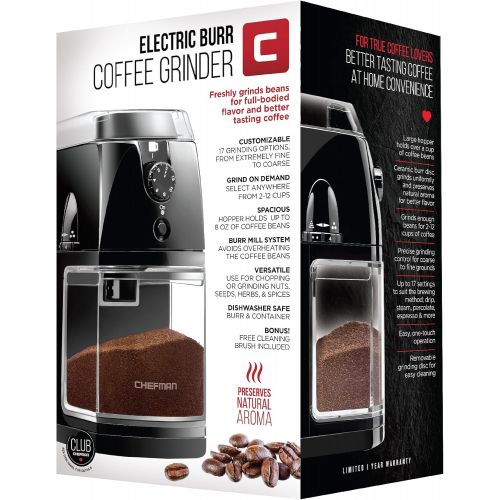  Chefman Coffee Grinder Electric Burr Mill - Freshly Grinds Up to 2.8oz Beans, Large Hopper with 17 Grinding Options for 2-12 Cups, Easy One Touch Operation, Cleaning Brush Included