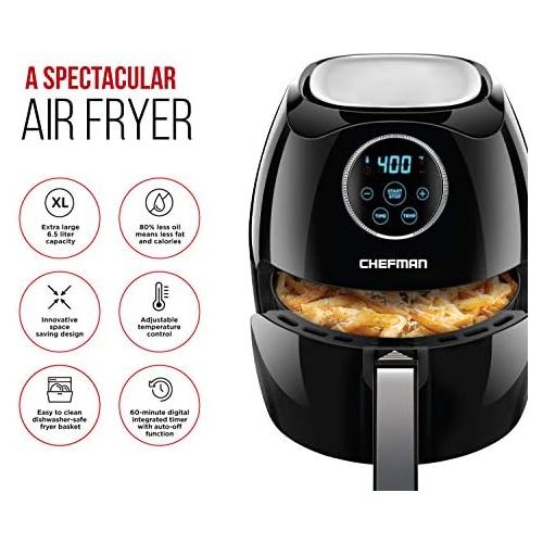  Chefman Digital 6.5 Liter Air Fryer Oven with Space Saving Flat Basket, Oil-Free Airfryer W/ 60 Min Timer & Auto Shut Off, Dishwasher Safe Parts, BPA Free, Family Size, X-Large, Bl