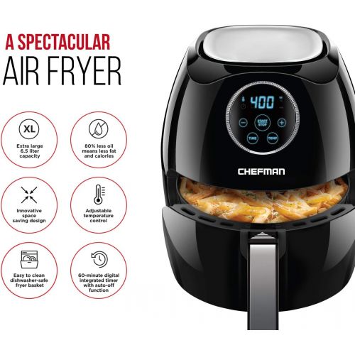  Chefman Digital 6.5 Liter Air Fryer Oven with Space Saving Flat Basket, Oil-Free Airfryer W/ 60 Min Timer & Auto Shut Off, Dishwasher Safe Parts, BPA Free, Family Size, X-Large, Bl