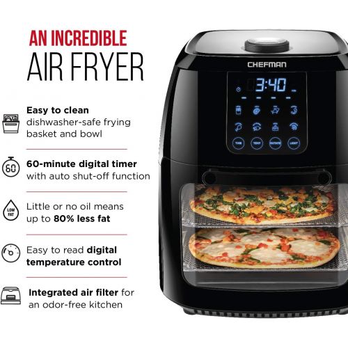  Chefman 6.3 Quart Digital Air Fryer+ Rotisserie, Dehydrator, Convection Oven, 8 Touch Screen Presets Fry, Roast, Dehydrate & Bake, BPA-Free, Auto Shutoff, Accessories Included, XL