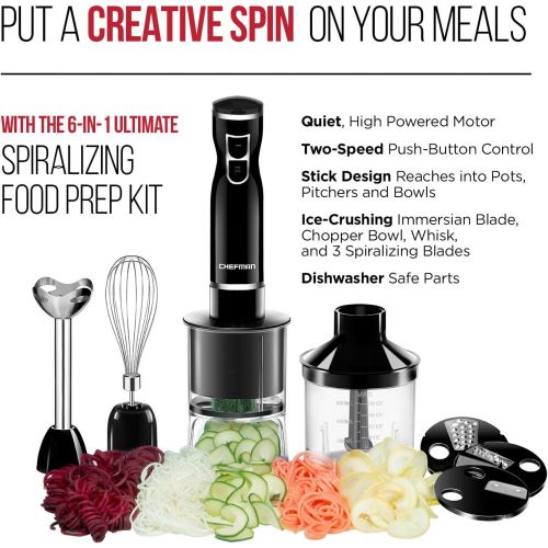  Chefman Immersion Blender & Electric Spiralizer/Vegetable Slicer 6-IN-1 Food Prep Kit, Includes 3 Spiralizing Blade Attachments, Zoodle Maker; Grate, Ribbon, Spiral, Chop, Whisk an