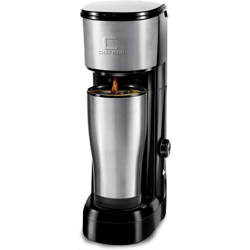  [아마존베스트]Chefman Instabrew Single Serve Coffee Maker Brewer for K-Cup Pods Fresh Grounds & Loose-Leaf Tea w/Instant Reboil & Bonus Reusable Filter, 14 oz, Black/Stainless Steel, Mug Not Inc