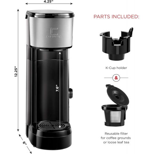  [아마존베스트]Chefman Instabrew Single Serve Coffee Maker Brewer for K-Cup Pods Fresh Grounds & Loose-Leaf Tea w/Instant Reboil & Bonus Reusable Filter, 14 oz, Black/Stainless Steel, Mug Not Inc