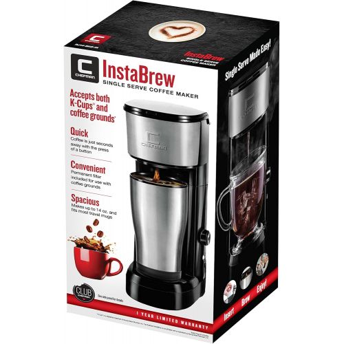  [아마존베스트]Chefman Instabrew Single Serve Coffee Maker Brewer for K-Cup Pods Fresh Grounds & Loose-Leaf Tea w/Instant Reboil & Bonus Reusable Filter, 14 oz, Black/Stainless Steel, Mug Not Inc