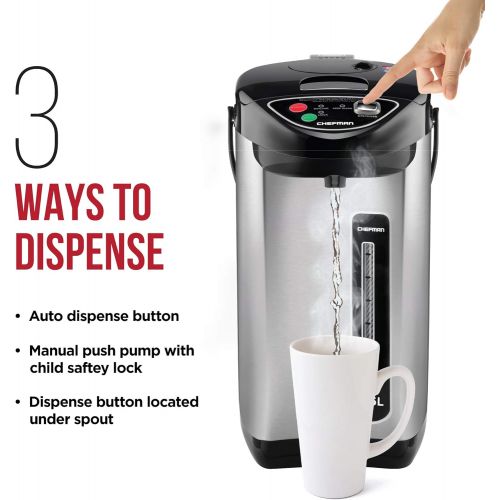  [아마존베스트]Chefman Electric Hot Water Pot Urn w/Auto & Manual Dispense Buttons, Safety Lock, Instant Heating for Coffee & Tea, Auto-Shutoff & Boil Dry Protection, Insulated Stainless Steel, 3