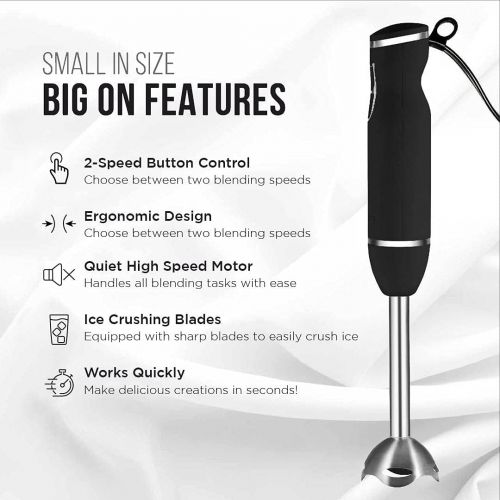  [아마존베스트]Chefman Immersion Stick Hand Blender Includes Stainless Steel Shaft & Blades, Powerful 300 Watt Ice Crushing 2-Speed Control One Hand Mixer, Soft Touch Grip - Black