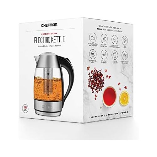  [아마존베스트]Chefman Fast W/LED Lights Auto Shutoff & Boil Dry Protection, Cordless Pouring, BPA Free, Removable, 1.8 L, Rapid Boil + Tea Infuser