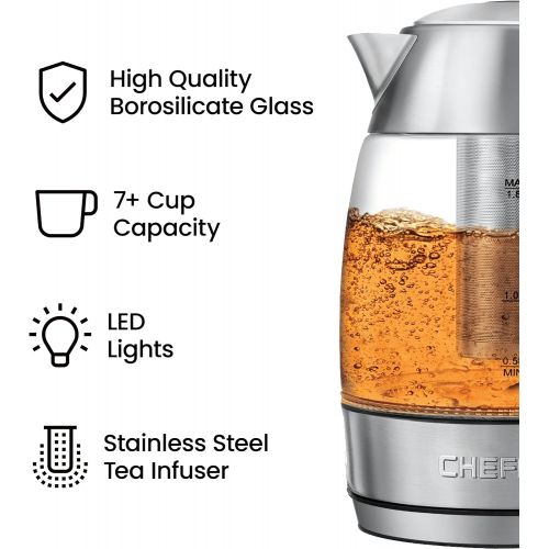  [아마존베스트]Chefman Fast W/LED Lights Auto Shutoff & Boil Dry Protection, Cordless Pouring, BPA Free, Removable, 1.8 L, Rapid Boil + Tea Infuser