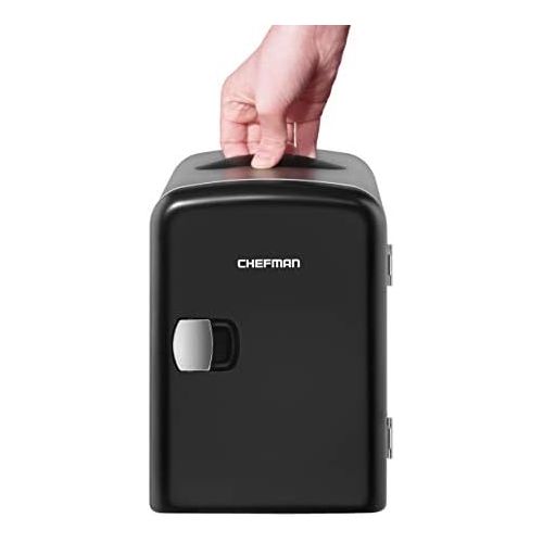  [아마존베스트]Chefman Mini Portable Black Personal Fridge Cools Or Heats and Provides Compact Storage For Skincare, Snacks, Or 6 12oz Cans W/A Lightweight 4-liter Capacity To Take On The Go