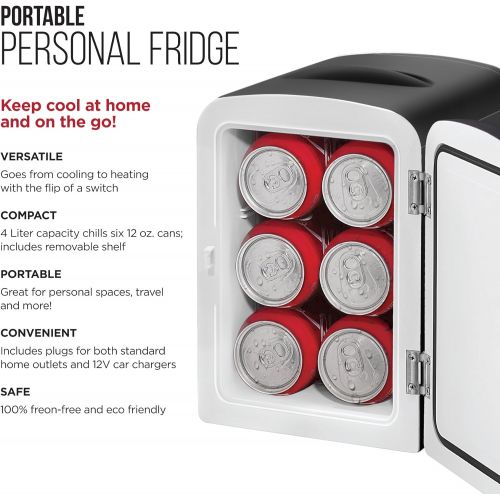  [아마존베스트]Chefman Mini Portable Black Personal Fridge Cools Or Heats and Provides Compact Storage For Skincare, Snacks, Or 6 12oz Cans W/A Lightweight 4-liter Capacity To Take On The Go